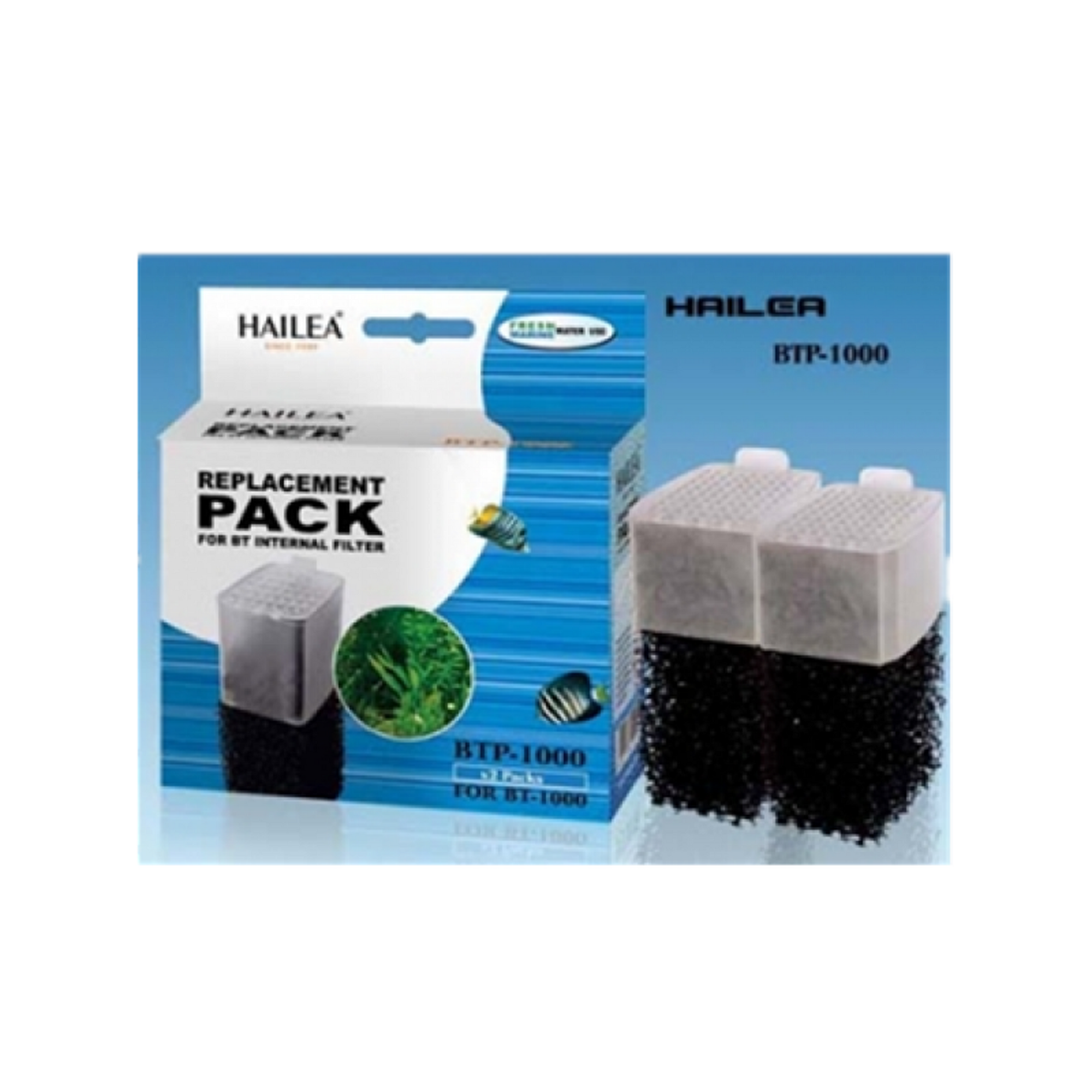 Haillea replacement cartridge BTP-1000, pack of two. Designed for use with Hailea BT1000 internal filter. Provides efficient filtration for clean and healthy aquarium water. Quick and easy to replace."